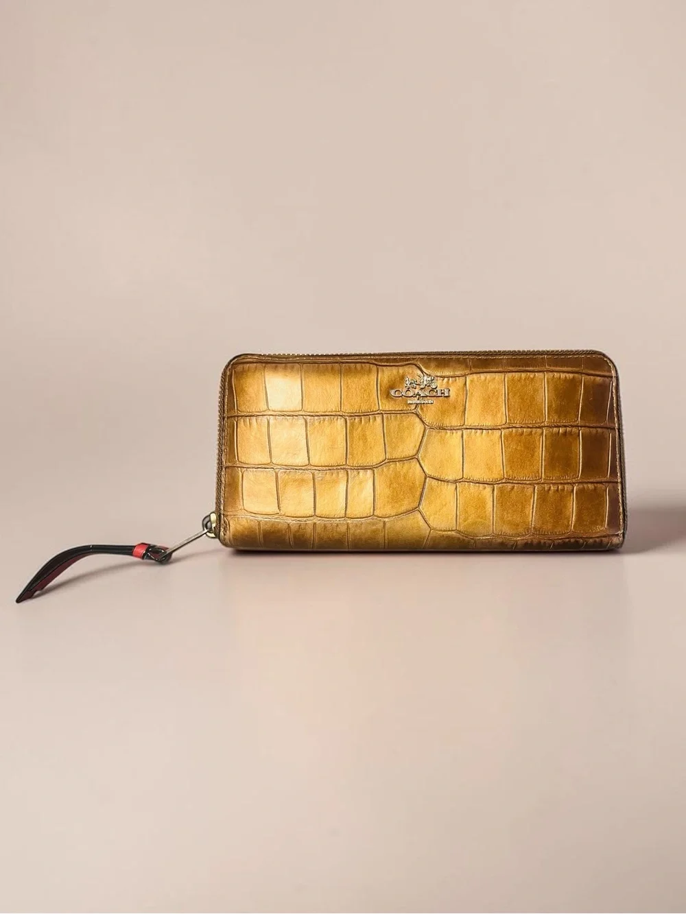 Coach Croc-Embossed Zip Wallet in Metallic Gold